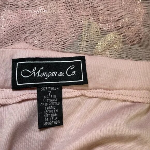 Morgan & Co 10134 Pink Gown with Floral Sequin Mesh Overlay Prom Gown Size 7 NWT - Picture 6 of 8